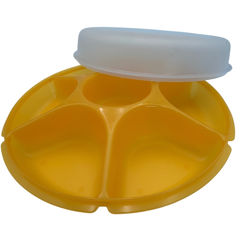 Vintage Tupperware Retro Serving Tray 6 Compartment Yellow Orange w/ Lid